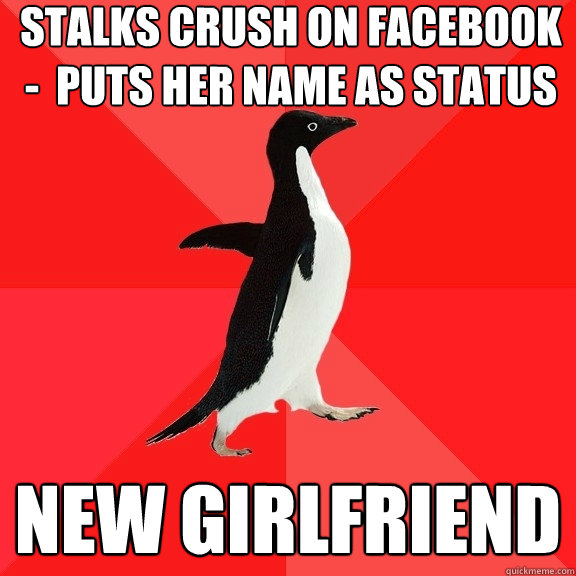 Stalks crush on Facebook -  puts her name as status new Girlfriend  Socially Awesome Penguin