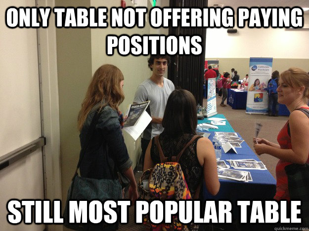 Only table not offering paying positions Still most popular table  CSUSB Meme Guy