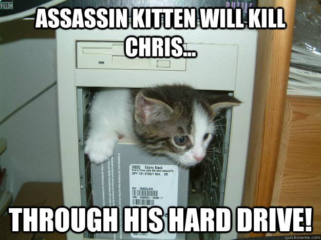 Assassin kitten will kill Chris... through his hard drive!  