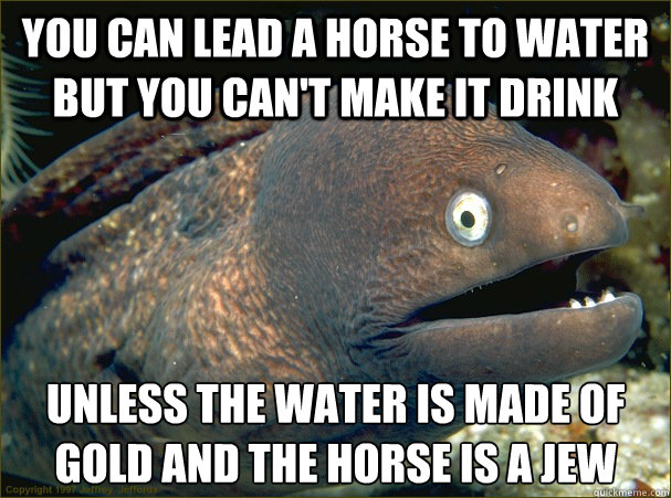 You can lead a horse to water but you can't make it drink Unless the water is made of gold and the horse is a jew - You can lead a horse to water but you can't make it drink Unless the water is made of gold and the horse is a jew  Bad Joke Eel