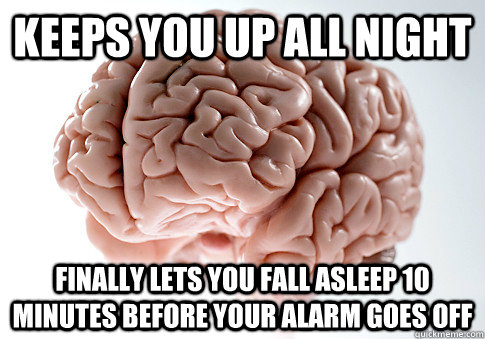 Keeps you up all night Finally lets you fall asleep 10 minutes before your alarm goes off  Scumbag Brain