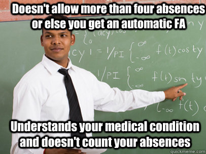 Doesn't allow more than four absences or else you get an automatic FA Understands your medical condition and doesn't count your absences  Good Guy Teacher