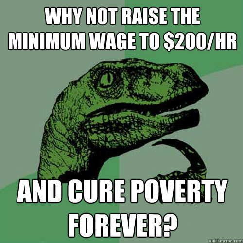 why not raise the minimum wage to $200/hr and cure poverty forever?  Philosoraptor