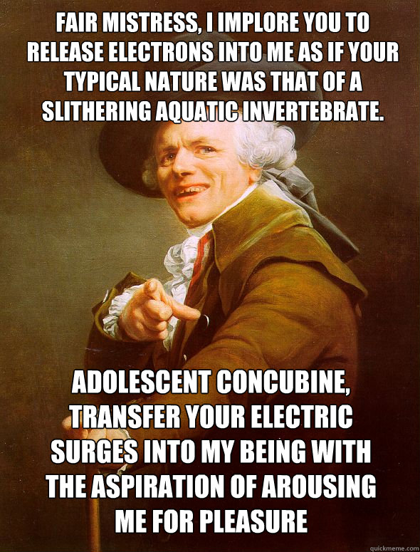 Fair mistress, I implore you to release electrons into me as if your typical nature was that of a slithering aquatic invertebrate.  Adolescent concubine, transfer your electric surges into my being with the aspiration of arousing me for pleasure  Joseph Ducreux