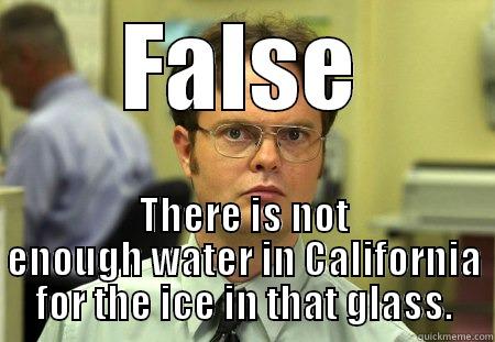 Dwight False - FALSE THERE IS NOT ENOUGH WATER IN CALIFORNIA FOR THE ICE IN THAT GLASS. Schrute