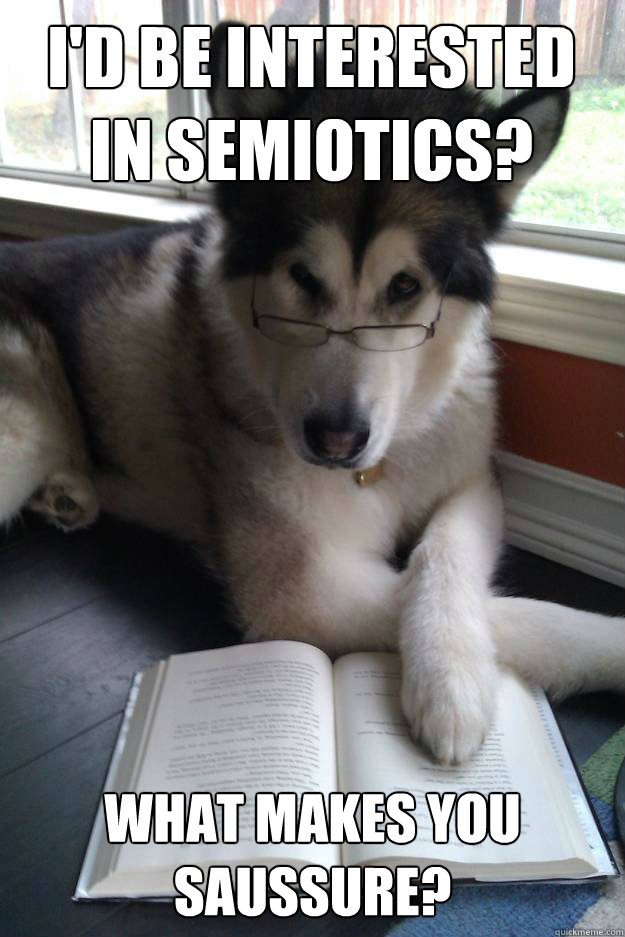 I'd be interested in semiotics?
   What makes you Saussure?  Condescending Literary Pun Dog