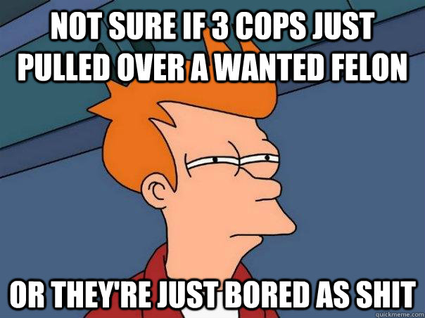 not sure if 3 cops just pulled over a wanted felon or they're just bored as shit  Futurama Fry