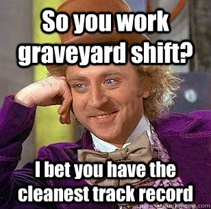 So you work graveyard shift? I bet you have the cleanest track record  Condescending Wonka