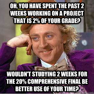 Oh, you have spent the past 2 weeks working on a project  that is 2% of your grade? Wouldn't studying 2 weeks for the 20% comprehensive final be better use of your time?   Condescending Wonka