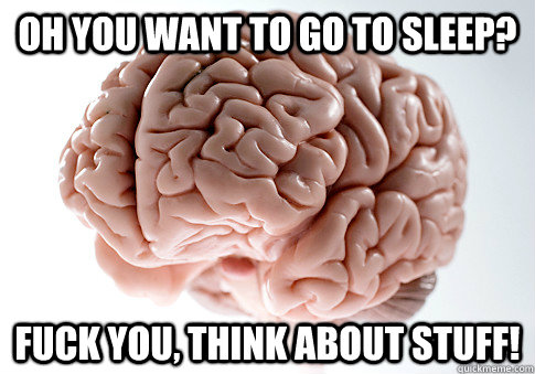 Oh you want to go to sleep? Fuck you, think about stuff!  Scumbag Brain