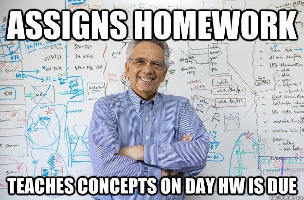 assigns homework teaches concepts on day hw is due  Engineering Professor