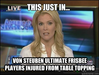 THIS JUST IN... VON STEUBEN ULTIMATE FRISBEE PLAYERS INJURED FROM TABLE TOPPING - THIS JUST IN... VON STEUBEN ULTIMATE FRISBEE PLAYERS INJURED FROM TABLE TOPPING  Megyn Kelly