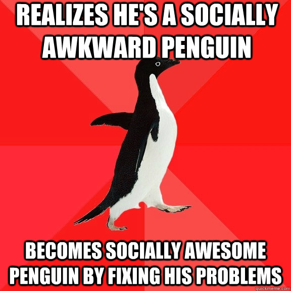 Realizes he's a socially awkward penguin Becomes socially awesome penguin by fixing his problems  Socially Awesome Penguin