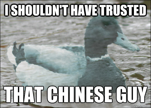 i shouldn't have trusted that chinese guy
  