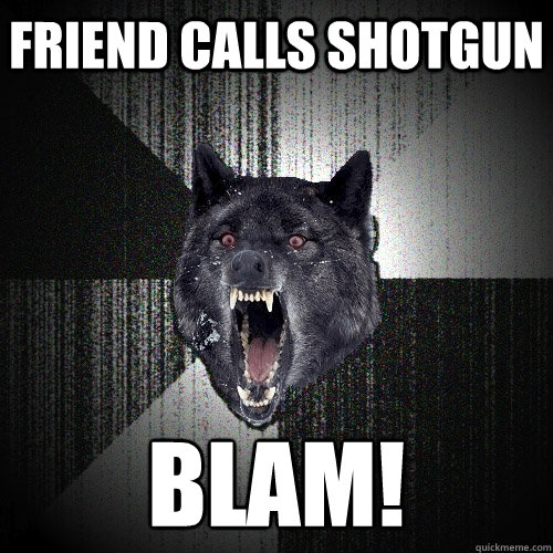 Friend calls shotgun BLAM!  Insanity Wolf