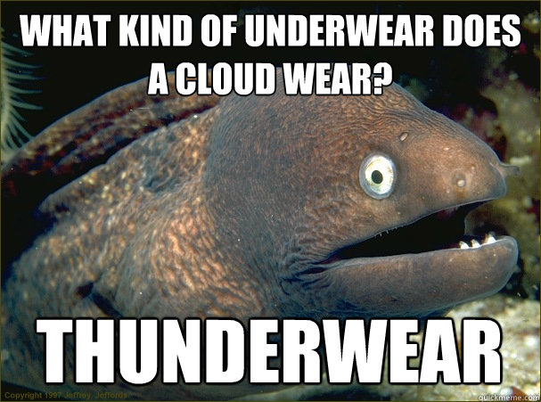 What kind of underwear does a cloud wear? Thunderwear - What kind of underwear does a cloud wear? Thunderwear  Bad Joke Eel