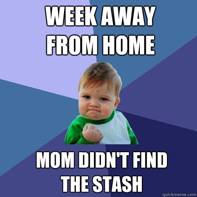 week away from home mom didn't find the stash  Success Kid