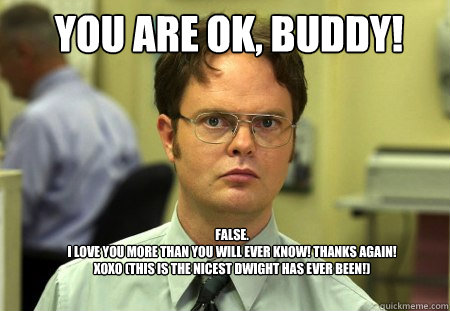 You are ok, BUDDY! FALSE.  
I love you more than you will ever know! Thanks again! xoxo (This is the nicest Dwight has ever been!)  Schrute