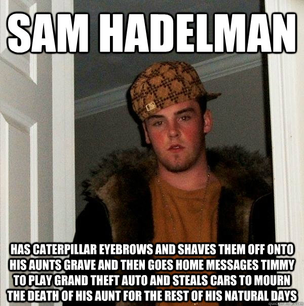 Sam Hadelman has caterpillar eyebrows and shaves them off onto his aunts grave and then goes home messages Timmy to play grand theft auto and steals cars to mourn the death of his aunt for the rest of his natural days  Scumbag Steve