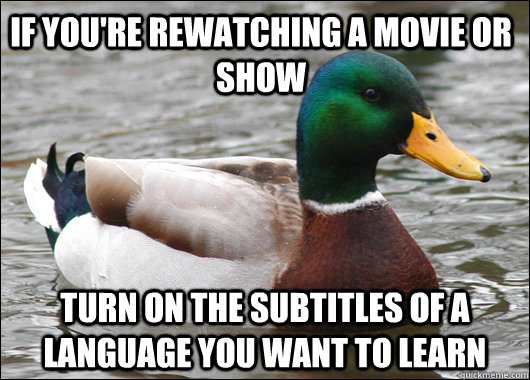 if you're rewatching a movie or show turn on the subtitles of a language you want to learn - if you're rewatching a movie or show turn on the subtitles of a language you want to learn  Actual Advice Mallard