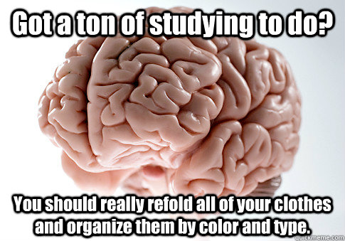 Got a ton of studying to do? You should really refold all of your clothes and organize them by color and type.   Scumbag Brain