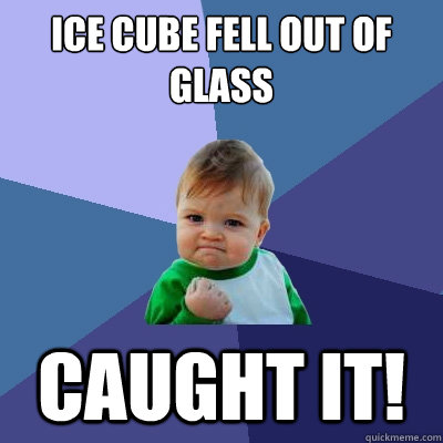 Ice cube fell out of glass Caught it!  Success Kid