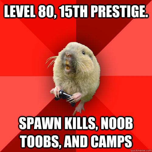 Level 80, 15th prestige. Spawn kills, noob toobs, and camps  Gaming Gopher