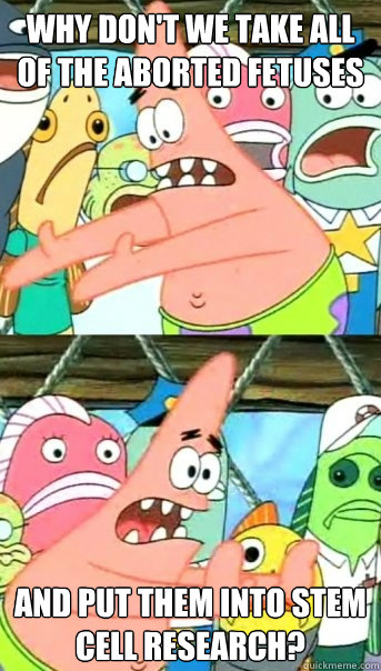 Why don't we take all of the aborted fetuses and put them into stem cell research?  Push it somewhere else Patrick