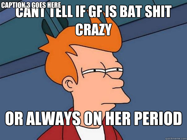 cant tell if gf is bat shit crazy or always on her period Caption 3 goes here  Futurama Fry