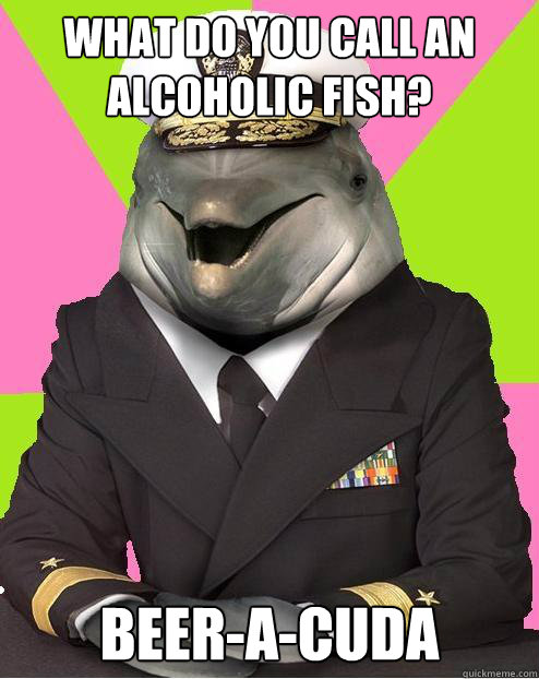 what do you call an alcoholic fish? beer-a-cuda  Admiral commander dolphin