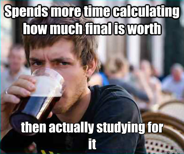 Spends more time calculating how much final is worth then actually studying for 
it  Lazy College Senior