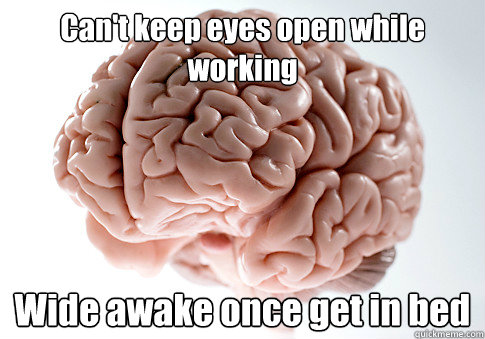 Can't keep eyes open while working Wide awake once get in bed   Scumbag Brain