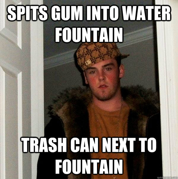 Spits gum into water fountain trash can next to fountain  Scumbag Steve