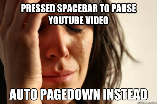 Pressed spacebar to pause YouTube video auto pagedown instead - Pressed spacebar to pause YouTube video auto pagedown instead  First World Problems