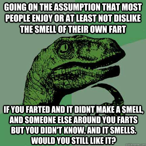 Going on the assumption that most people enjoy or at least not dislike the smell of their own fart If you farted and it didnt make a smell, and someone else around you farts but you didn't know, and it smells. would you still like it?  Philosoraptor