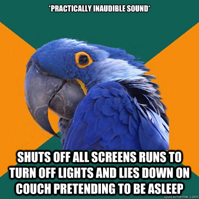 *Practically inaudible sound* shuts off all screens runs to turn off lights and lies down on couch pretending to be asleep - *Practically inaudible sound* shuts off all screens runs to turn off lights and lies down on couch pretending to be asleep  Paranoid Parrot