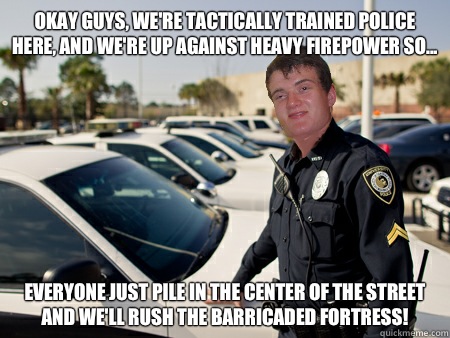 Okay guys, we're tactically trained police here, and we're up against heavy firepower so... Everyone just pile in the center of the street and we'll rush the barricaded fortress!  