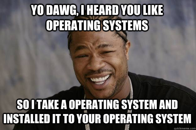 Yo dawg, i heard you like operating systems so i take a operating system and installed it to your operating system  Xzibit meme