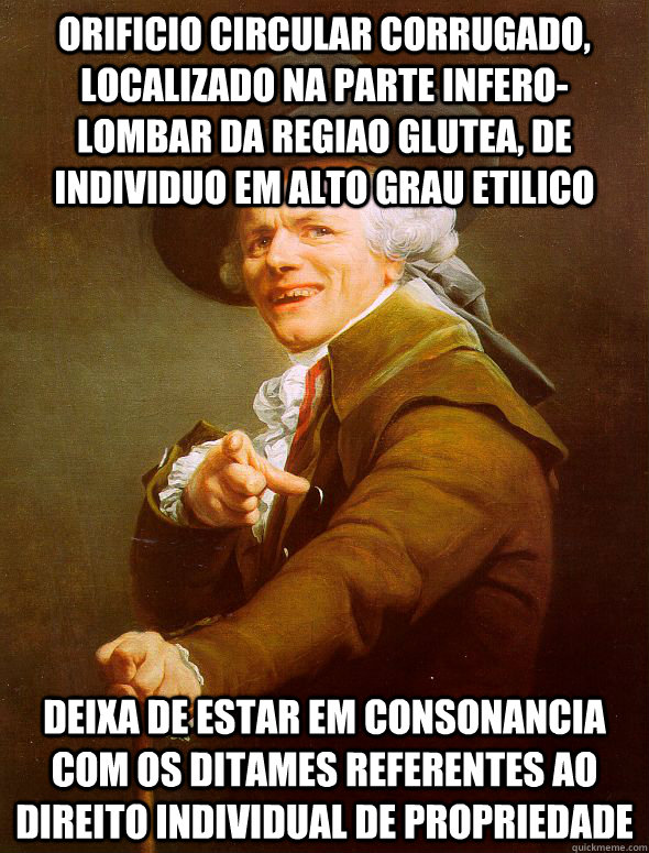 ORIFICIO CIRCULAR CORRUGADO, LOCALIZADO NA PARTE INFERO-LOMBAR DA REGIAO GLUTEA, DE INDIVIDUO EM ALTO GRAU ETILICO DEIXA DE ESTAR EM CONSONANCIA COM OS DITAMES REFERENTES AO DIREITO INDIVIDUAL DE PROPRIEDADE - ORIFICIO CIRCULAR CORRUGADO, LOCALIZADO NA PARTE INFERO-LOMBAR DA REGIAO GLUTEA, DE INDIVIDUO EM ALTO GRAU ETILICO DEIXA DE ESTAR EM CONSONANCIA COM OS DITAMES REFERENTES AO DIREITO INDIVIDUAL DE PROPRIEDADE  Joseph Ducreux