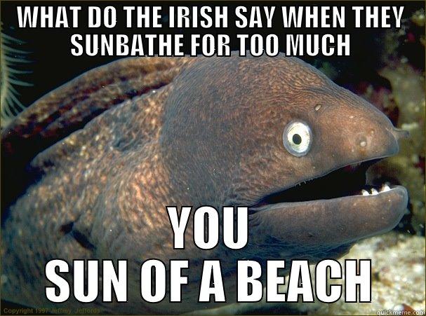 WHAT DO THE IRISH SAY WHEN THEY SUNBATHE FOR TOO MUCH YOU SUN OF A BEACH Bad Joke Eel