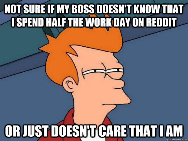 Not sure if my boss doesn't know that I spend half the work day on reddit Or just doesn't care that I am  Futurama Fry