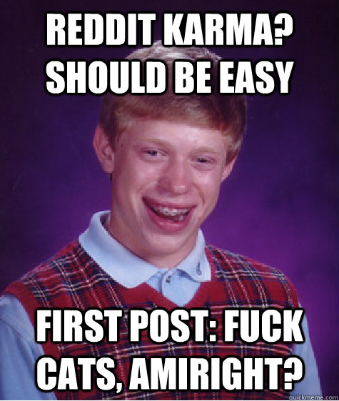 Reddit Karma? Should be easy First Post: Fuck cats, amiright?  Bad Luck Brian