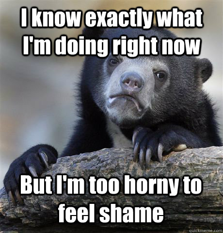 I know exactly what I'm doing right now But I'm too horny to feel shame - I know exactly what I'm doing right now But I'm too horny to feel shame  Confession Bear