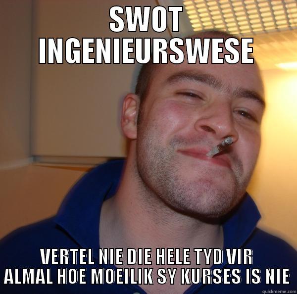 SWOT INGENIEURSWESE VERTEL NIE DIE HELE TYD VIR ALMAL HOE MOEILIK SY KURSES IS NIE Good Guy Greg 