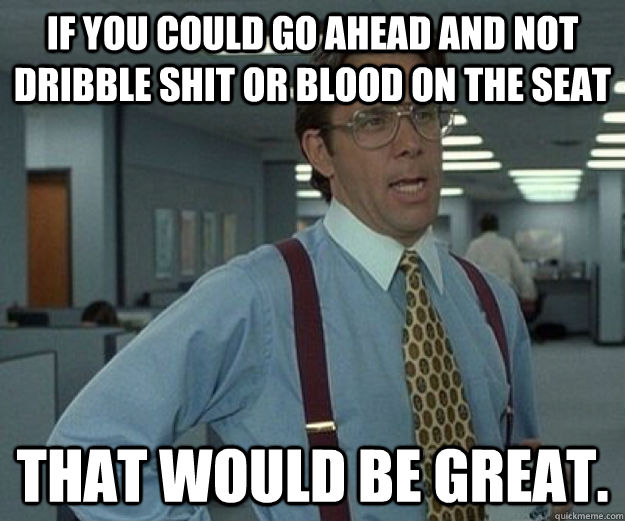 If you could go ahead and not dribble shit or blood on the seat That would be great.  that would be great