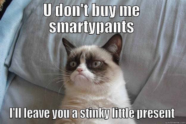 Cat means business - U DON'T BUY ME SMARTYPANTS I'LL LEAVE YOU A STINKY LITTLE PRESENT Grumpy Cat