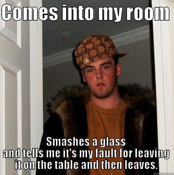 COMES INTO MY ROOM  SMASHES A GLASS AND TELLS ME IT'S MY FAULT FOR LEAVING IT ON THE TABLE AND THEN LEAVES. Scumbag Steve