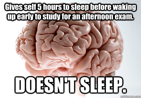 Gives self 5 hours to sleep before waking up early to study for an afternoon exam. DOESN'T SLEEP.   Scumbag Brain