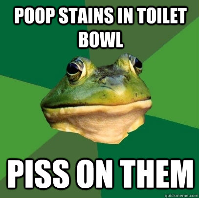 poop stains in toilet bowl piss on them  Foul Bachelor Frog