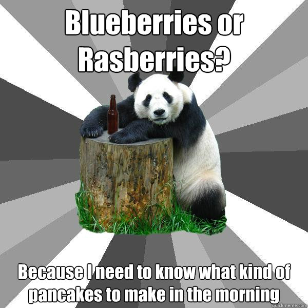 Blueberries or Rasberries? Because I need to know what kind of pancakes to make in the morning  Pickup-Line Panda